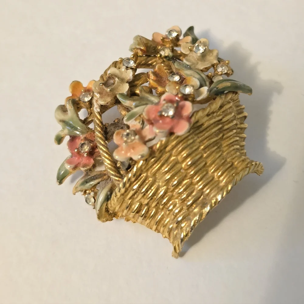 Vintage Signed BSK My Fair Lady Brooch Flower Basket Gold Tone Enamel Rhinestone